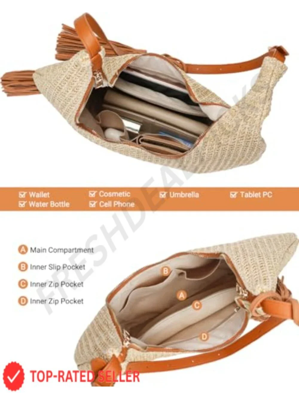 Vintage Boho Straw Fringe Tassel Hobo Handbag Women Crossbody Shoulder Bag